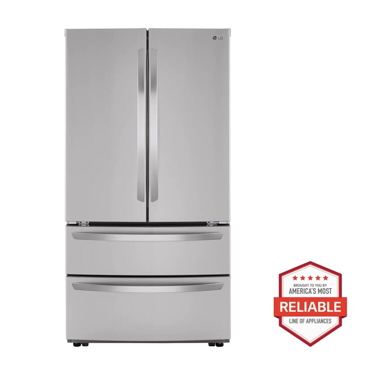 Front view of the 27 cu. ft. French Door Refrigerator - LMWS27626S. Includes a graphic logo that says, Brought to you by America’s Most Reliable Line of Appliances.