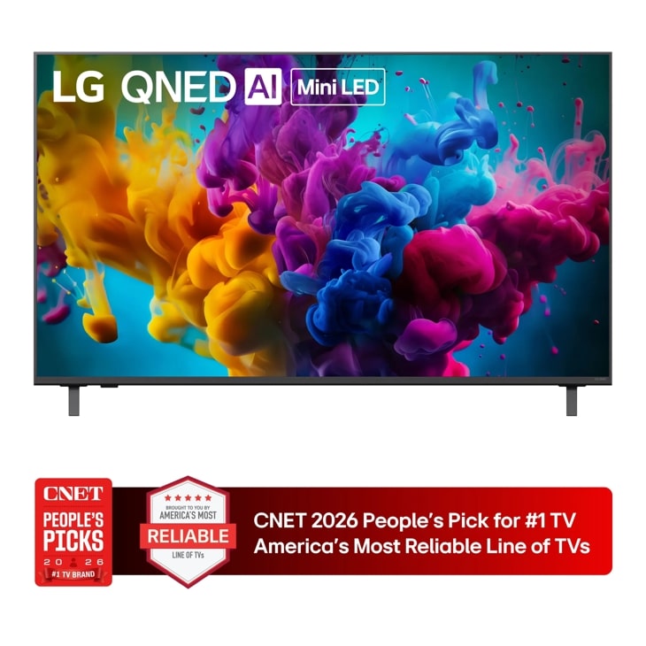 65-Inch LG QNED AI Mini LED 4K TV 65QNED8MBAA with CNET 2026 People's Pick for #1 TV Brand and America's Most Reliable Line of TVs badges - Front View