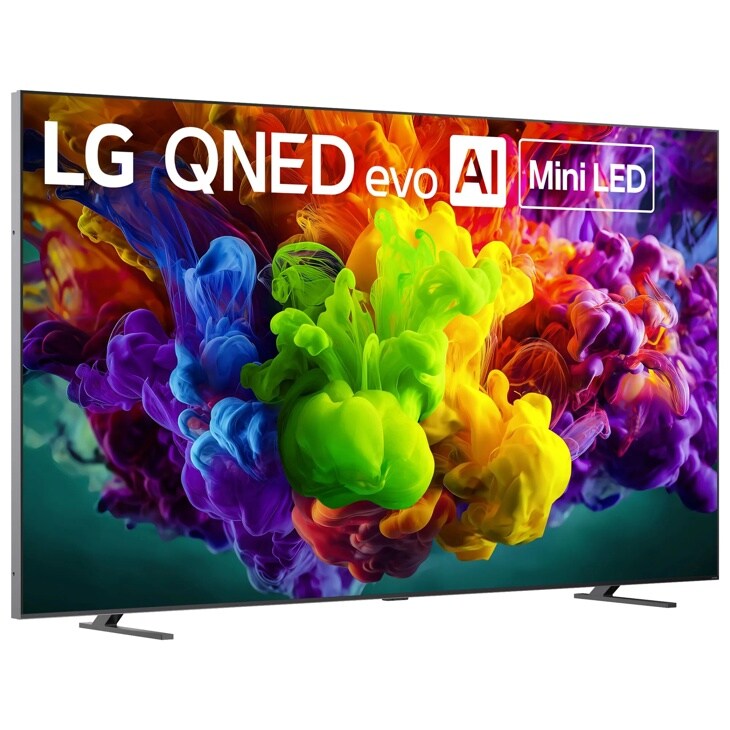 115-Inch LG QNED evo AI Mini LED TV 115QNED92BU displaying vibrant colorful ink clouds in blue, green, yellow, orange and purple - Side Angle