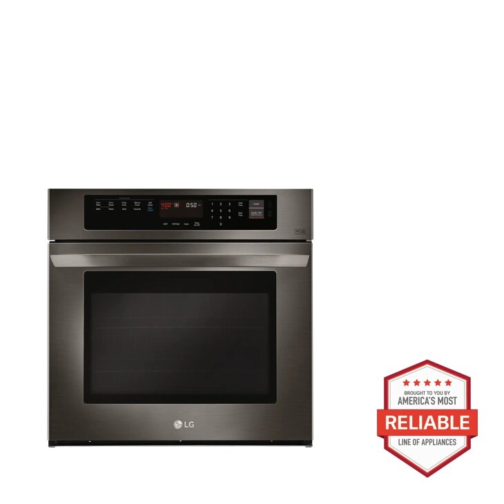 Front view of the 4.7 cu. ft. Single Built-In Wall Oven - LWS3063BD. Includes a graphic logo that says, Brought to you by America’s Most Reliable Line of Appliances.