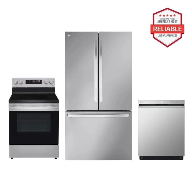 LG LRFLC2706S LREL6321S LDFN3432T kitchen package with stove, refrigerator, and dishwasher, America's Most Reliable line of appliances Front View