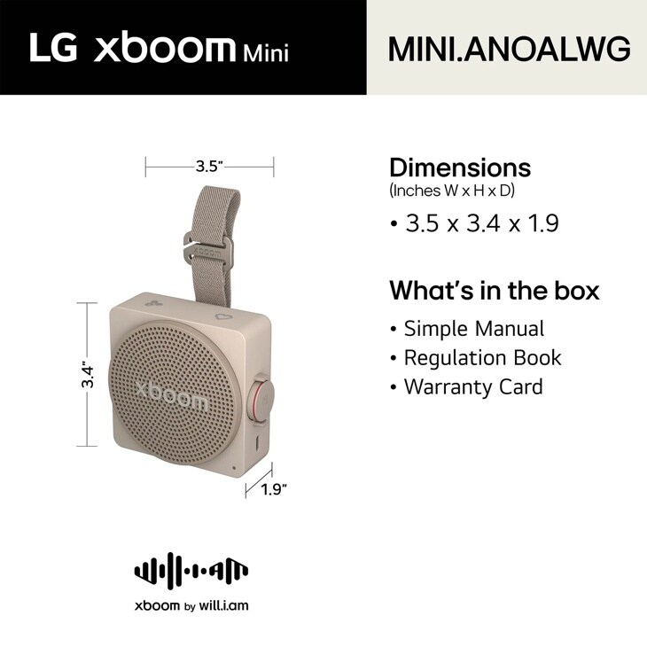 LG xboom Mini MINI_ANOALWG Portable Speaker Dimensions 3.5 x 3.4 x 1.9 Inches and Box Contents Including Simple Manual Regulation Book Warranty Card