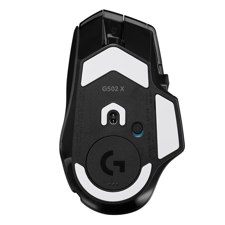 Logitech G502 X 910006160 gaming mouse with black and white design showing bottom view with sensor and G logo
