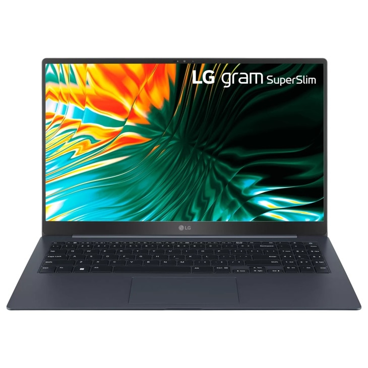 Front view of the 15.6 Inch LG gram SuperSlim (15Z90ST-G.AAB5U1) OLED laptop with 16GB RAM and Intel Core Ultra 7