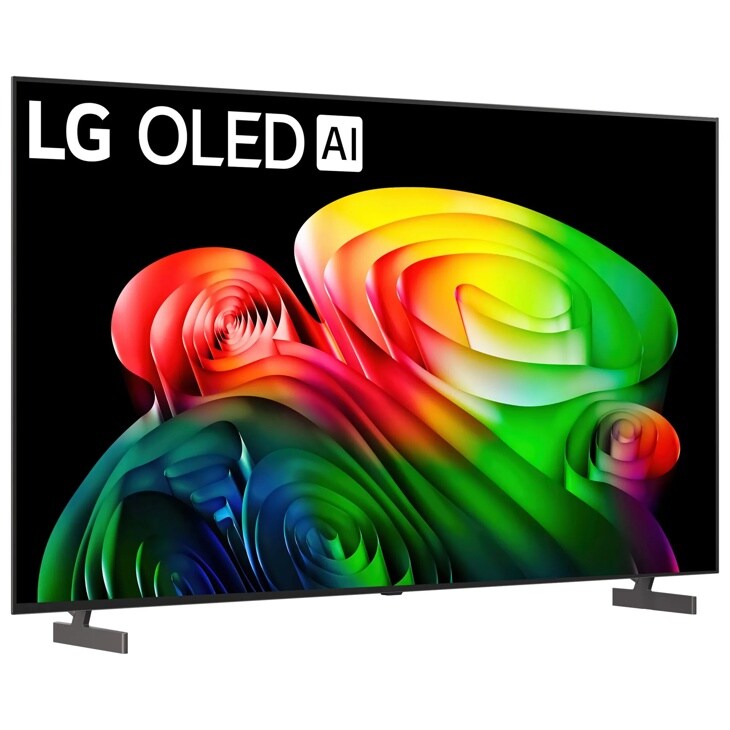 77-Inch LG OLED AI 4K TV OLED77B6GUA displaying vibrant colorful spiral patterns against black background - Side Angle