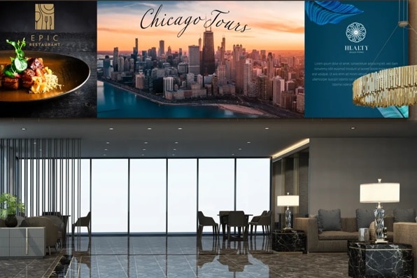 An interior space under images of a gourmet dish, Chicago skyline at sunset, and abstract design with text.

Transcribed Text:

EPIC RESTAURANT
Chicago Tours
HEALTY
INDIGO DESIGN