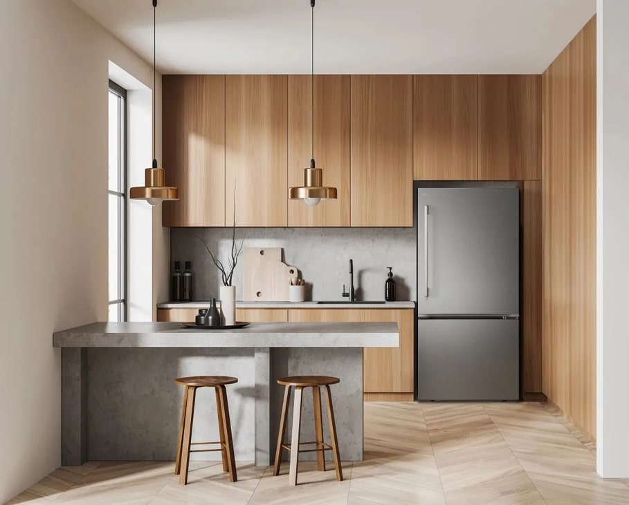 LG LB26H2200D Bottom Freezer Refrigerator in modern kitchen with wooden cabinetry and concrete countertops - Lifestyle Setting