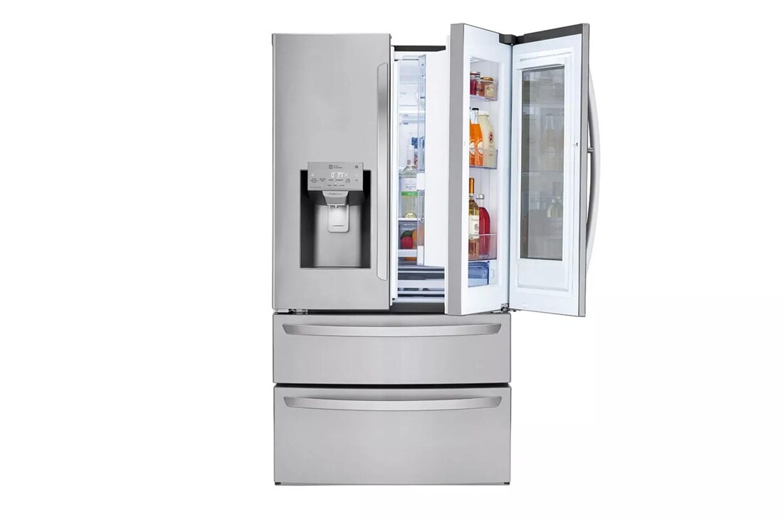 28 cu. ft. french door refrigerator with door in door front view with right door slightly open