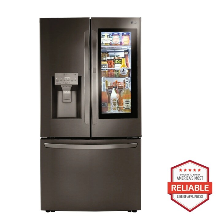 Front view of the 30 cu. ft. Smart wi-fi Enabled InstaView® Door-in-Door® Refrigerator with Craft Ice™ Maker - LRFVS3006D. Includes a graphic logo that says, Brought to you by America’s Most Reliable Line of Appliances.