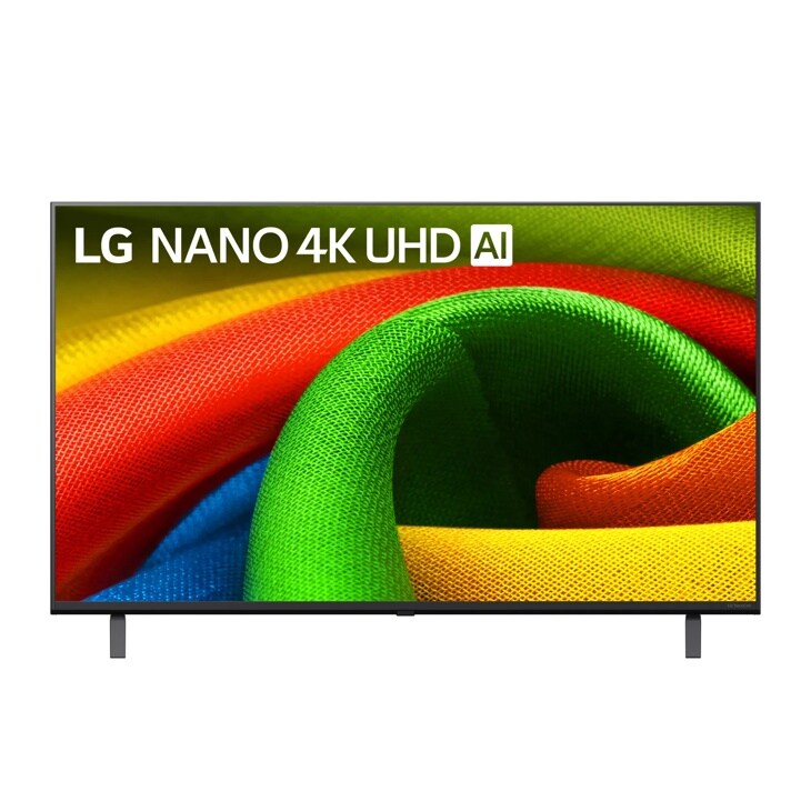 43-Inch LG NANO 4K UHD AI TV 43NU700BPUC displaying vibrant colorful fabric texture with red, green, yellow and blue curves - Front View