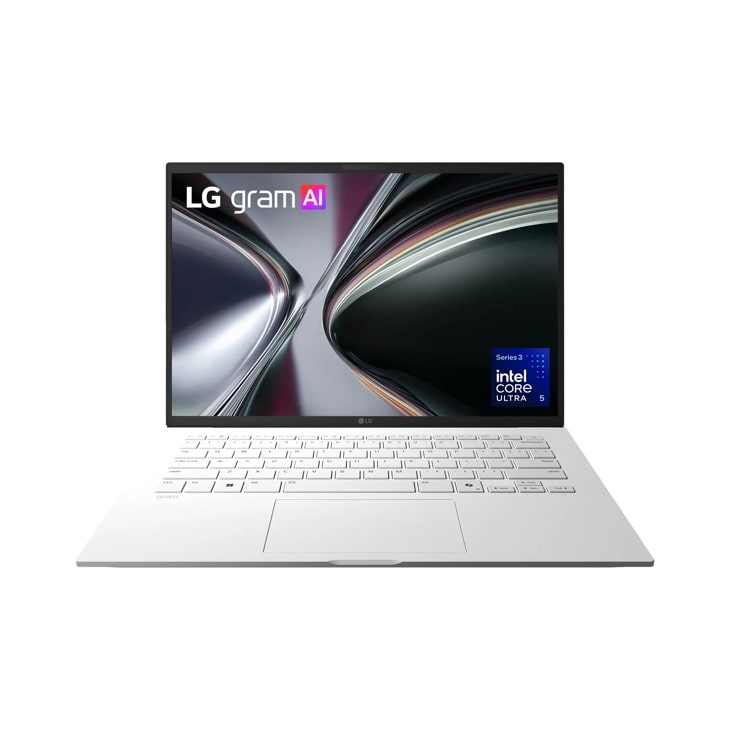 LG Gram 14Z90U-G.AS63U1 Laptop with white keyboard and trackpad showing LG gram AI logo and Intel Core Ultra 5 processor - Front View