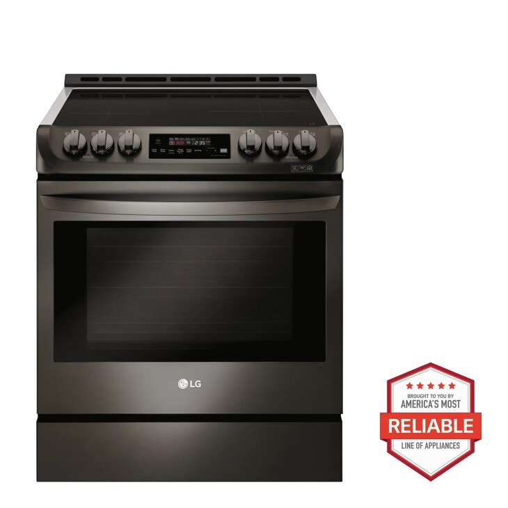 Front view of the 6.3 cu. ft. Smart wi-fi Enabled Induction Slide-in Range with ProBake Convection® and EasyClean® - LSE4616BD. Includes a graphic logo that says, Brought to you by America’s Most Reliable Line of Appliances.