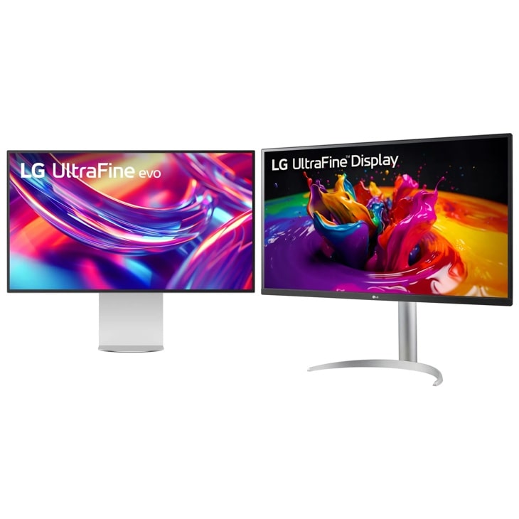 LG 32U990A-S and 32UP83AK-W UltraFine Monitors with vibrant displays on adjustable stands