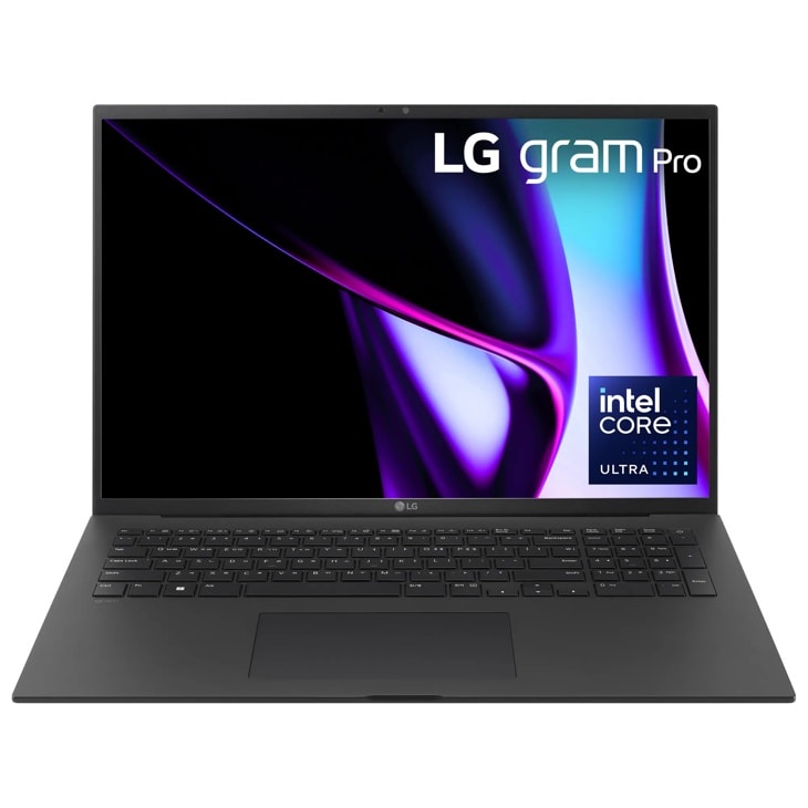 LG gram Pro laptop with Intel Core Ultra, black exterior and keyboard, screen displaying LG gram Pro logo and Intel Core Ultra badge, Front View