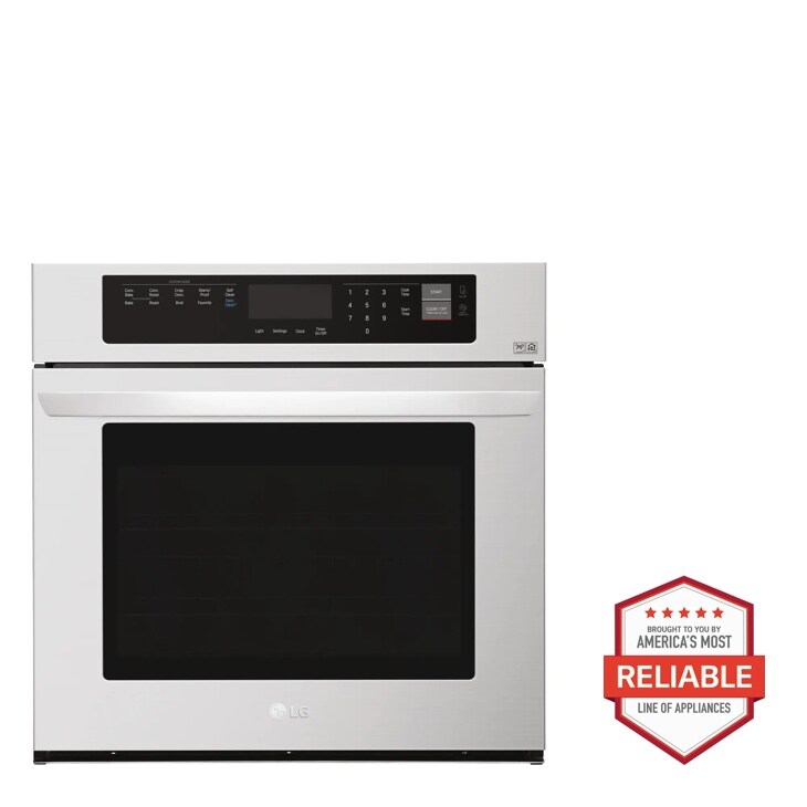 Front view of the 4.7 cu. ft. Single Built-In Wall Oven - LWS3063ST. Includes a graphic logo that says, Brought to you by America’s Most Reliable Line of Appliances.