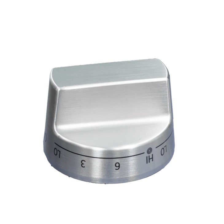 Stainless steel range control knob AEZ75994628 with temperature settings from LO to HI and numbered 1-9 - Close-Up