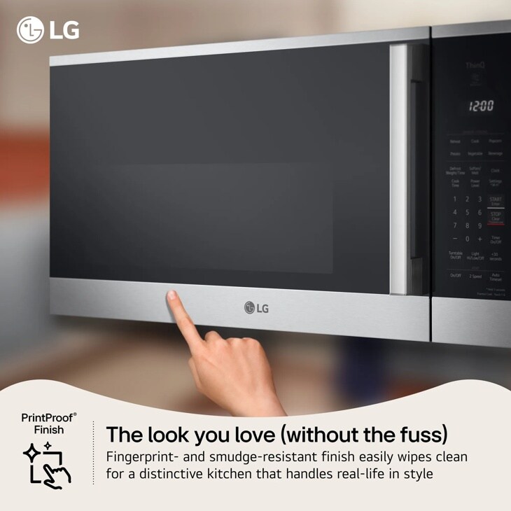 LG MVEL2035Z Over-the-Range Microwave with PrintProof Finish infographic showing fingerprint-resistant surface with hand touching stainless steel front
