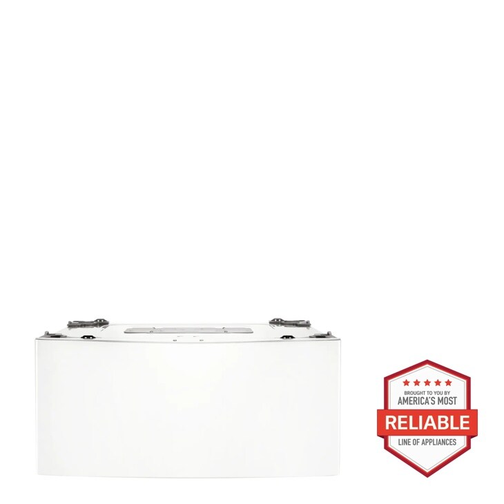 Front view of the 1.0 cu. ft. LG SideKick™ Pedestal Washer with TWINWash™ & Direct Drive Motor - White - WD100CW. Includes a graphic logo that says, Brought to you by America’s Most Reliable Line of Appliances.