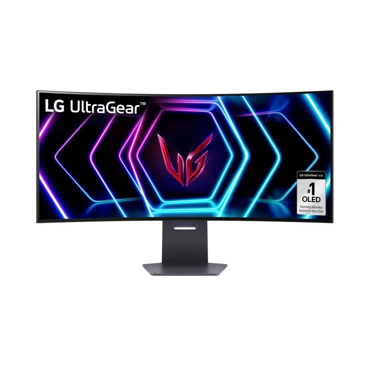 LG 39GS96QB-B 39-Inch UltraGear OLED Gaming Monitor with curved display showing neon blue and purple hexagon pattern and #1 OLED Gaming Monitor badge - Front View