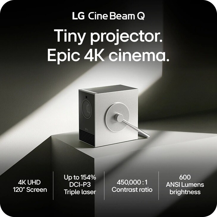 PU600U LG CineBeam Q projector infographic showing compact design with 4K UHD 120 inch screen, up to 154% DCI-P3 triple laser, 450,000:1 contrast ratio, and 600 ANSI lumens brightness