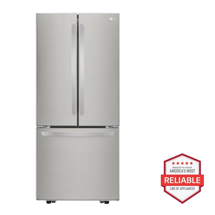 Front view of the 22 cu. ft. 30-inch Wide French Door Refrigerator - Stainless Steel - LFCS22520S. Includes a graphic logo that says, Brought to you by America’s Most Reliable Line of Appliances.