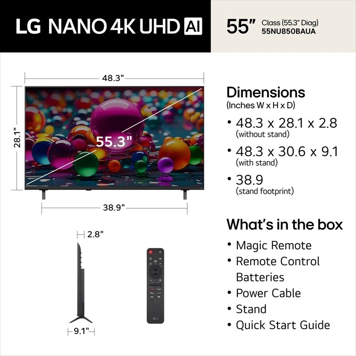 55-Inch LG NANO 4K UHD AI TV 55NU850BAUA Dimensions and Whats in the Box including Magic Remote, Remote Control Batteries, Power Cable, Stand, and Quick Start Guide