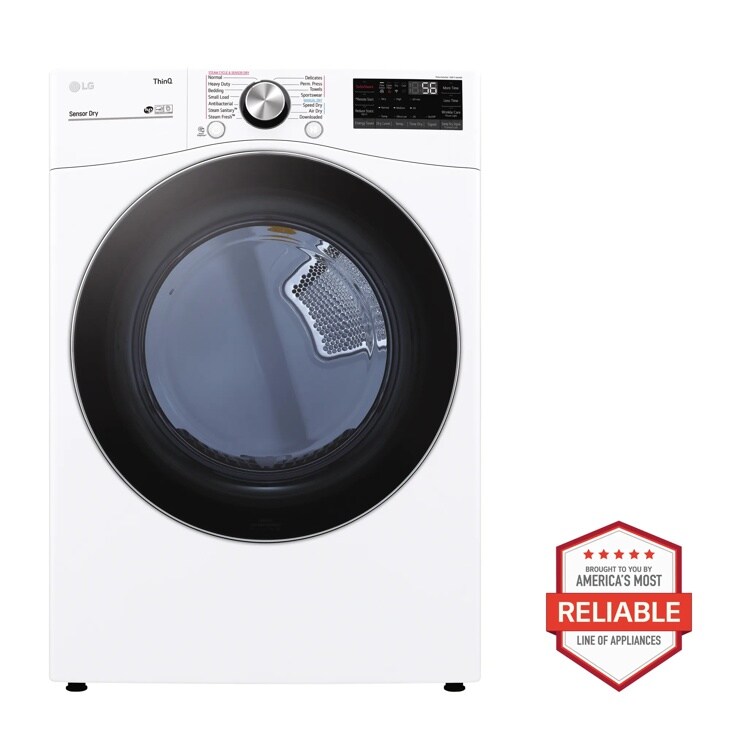 Front view of the 7.4 cu. ft. Ultra Large Capacity Smart wi-fi Enabled Front Load Gas Dryer with TurboSteam™ and Built-In Intelligence - DLGX4201W. Includes a graphic logo that says, Brought to you by America’s Most Reliable Line of Appliances.