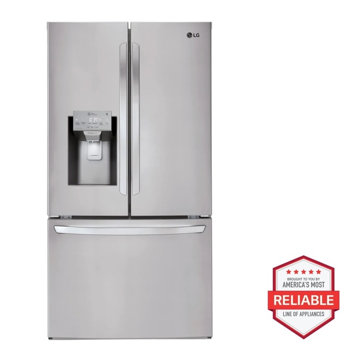 Front view of the 22 cu. ft. Smart wi-fi Enabled French Door Counter-Depth Refrigerator - LFXC22526S. Includes a graphic logo that says, Brought to you by America’s Most Reliable Line of Appliances.