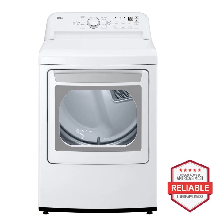 LG DLE7010W Electric Dryer with America's Most Reliable badge Front View