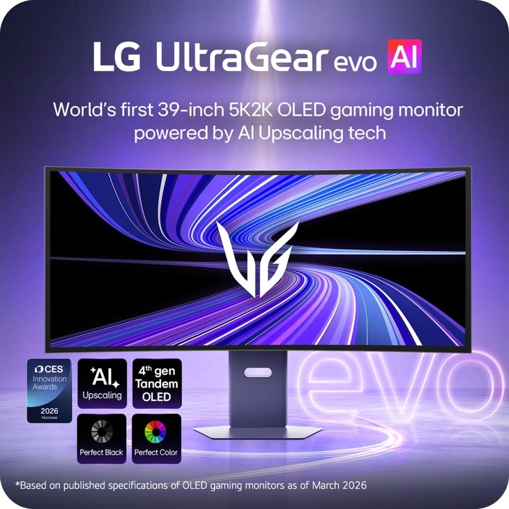 LG UltraGear evo AI 39GX950B-B 39-Inch 5K2K OLED gaming monitor with AI Upscaling tech and CES Innovation Awards 2026 Honoree badge