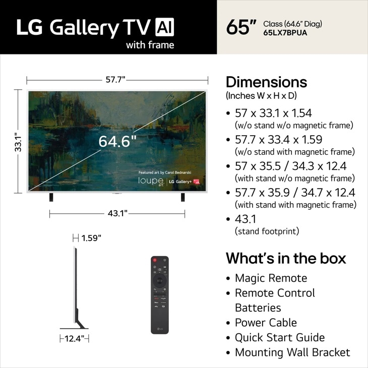 65-Inch LG Gallery TV AI 65LX7BPUA with frame dimensions and whats in the box including Magic Remote and accessories