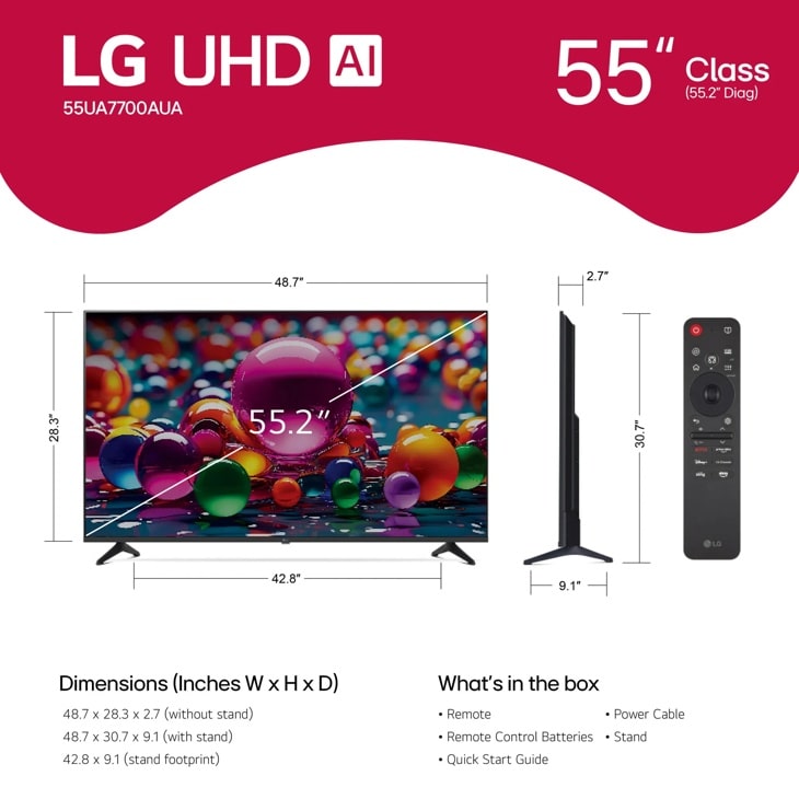 55 inch Class LG UHD AI UA77 4K Smart TV 2025 - 55UA7700AUA.AUS