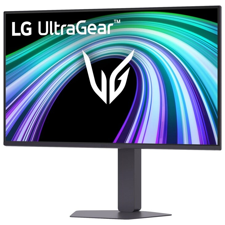 LG 27G550B-B UltraGear Gaming Monitor with stand displaying colorful abstract graphics - Front View