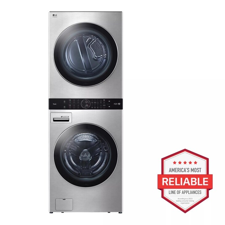 Front view of the LG STUDIO Single Unit Front Load WashTower™ with Center Control™ 5.0 cu. ft. Washer and 7.4 cu. ft. Electric Dryer - WSEX200HNA. Includes a graphic logo that says, Brought to you by America’s Most Reliable Line of Appliances.