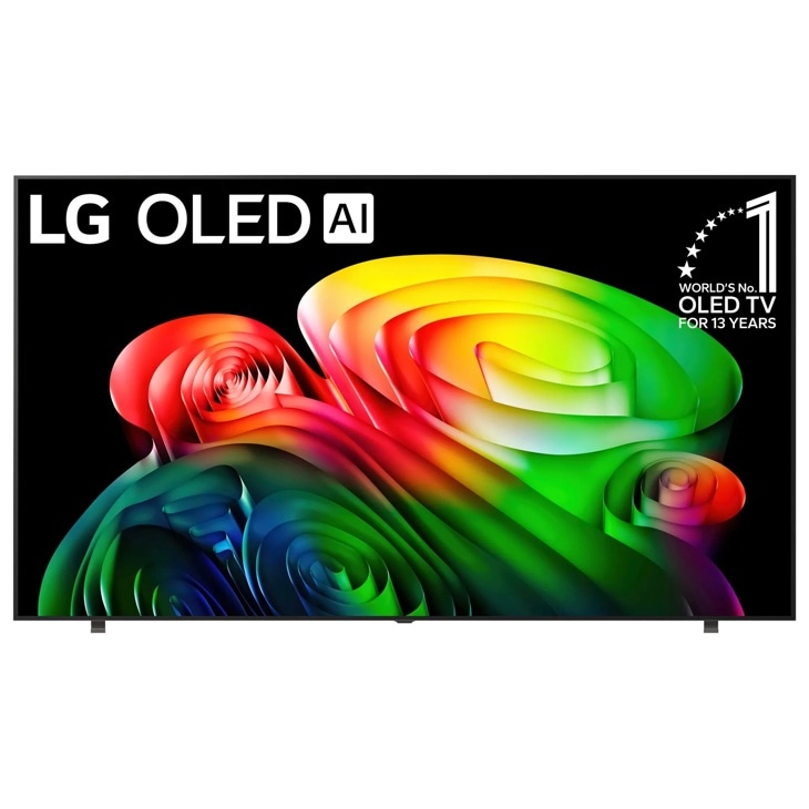 83-Inch LG OLED AI 4K TV OLED83B6GUA displaying vibrant colorful spiral patterns with WORLDS No.1 OLED TV FOR 13 YEARS badge - Front View