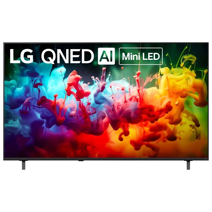 65-Inch LG QNED AI Mini LED 4K TV 65QNED75BUA displaying vibrant colorful ink dispersion in water - Front View