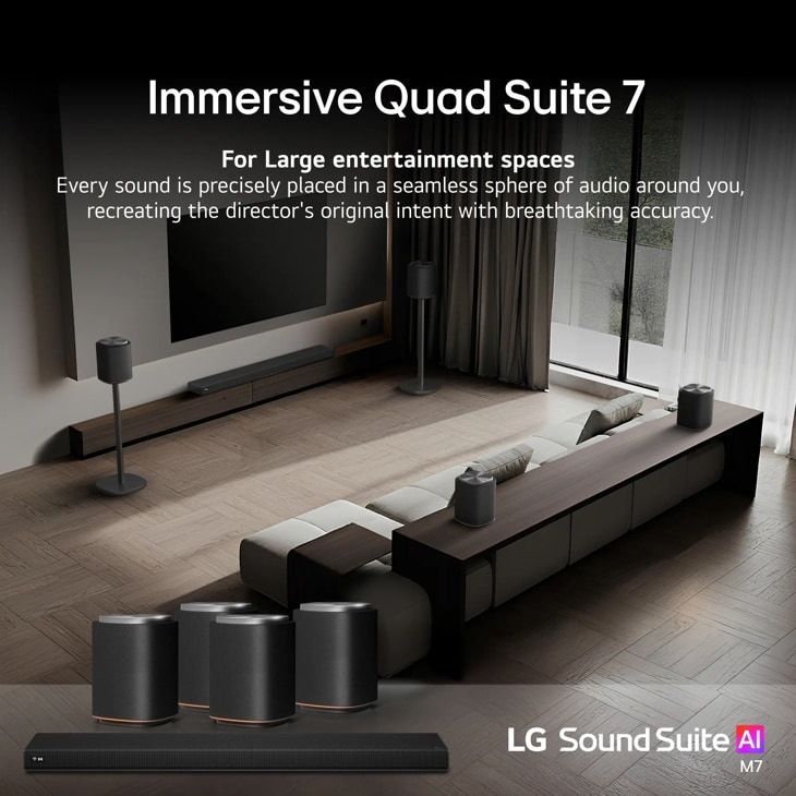 M7-P4_H7 Soundbar Immersive Quad Suite 7 system with multiple speakers positioned around a living room for 360-degree audio experience