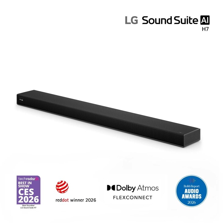 LG H7 Soundbar with techradar Best in Show CES 2026 Best Soundbar LG Sound Suite H7, reddot winner 2026, Dolby Atmos FLEXCONNECT, and Robb Report Audio Awards 2026 badges