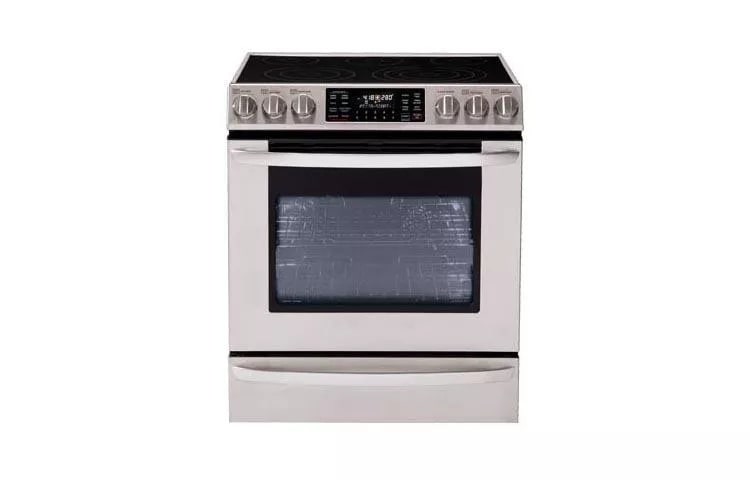 5.4 cu. ft. Capacity Electric Single Oven Slide-In Range with Dual Convection and Baking Drawer with Essex cabinets in White