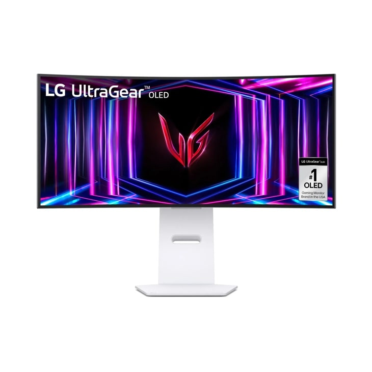LG 34GS95QE-W 34-Inch UltraGear OLED Gaming Monitor with curved display showing gaming logo and neon lighting on white stand - Front View