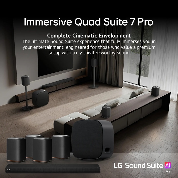 M7-P4_H7_W7 Immersive Quad Suite 7 Pro Soundbar system with multiple speakers arranged in modern living room for complete cinematic envelopment