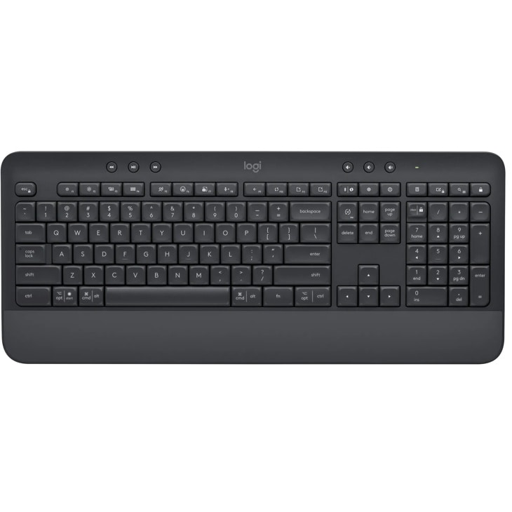 Logitech 920010908 wireless keyboard with full-size layout featuring media controls, number pad and black matte finish - Top View