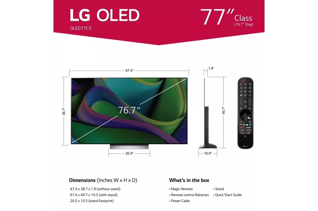  LG OLED77C3PUA OLED evo C3 77 pulgadas HDR 4K Smart OLED TV  2023 (renovado) con paquete de protección mejorada CPS de 2 años :  Electrónica