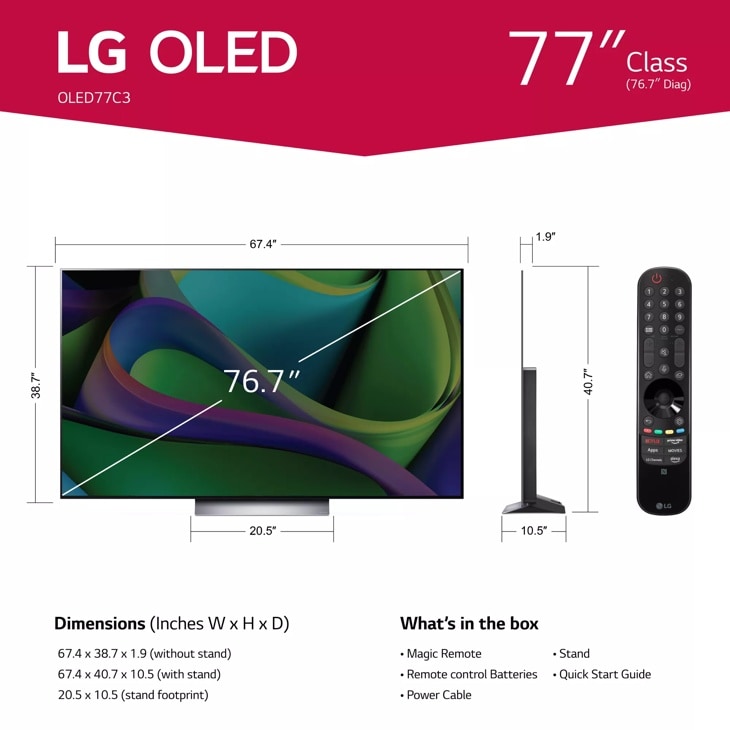  LG OLED77C3PUA OLED evo C3 77 pulgadas HDR 4K Smart OLED TV  2023 (renovado) con paquete de protección mejorada CPS de 2 años :  Electrónica