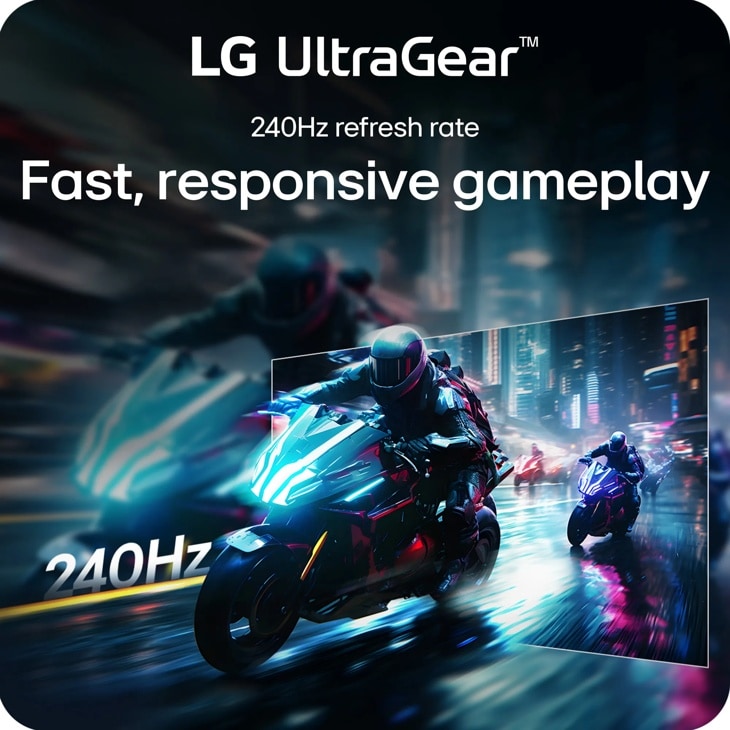 LG 34G63DA-B UltraGear Monitor infographic showing 240Hz refresh rate for fast, responsive gameplay with motorcycle racing scene