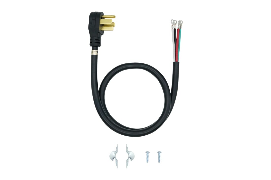 AGF04191001 Range Power Cord with four-prong plug on one end and exposed color-coded wires on other end, includes mounting hardware