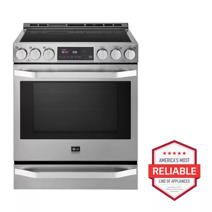 Front view of the LG STUDIO 6.3 cu. ft. Induction Slide-in Range with ProBake Convection® and EasyClean® - LSIS3018SS. Includes a graphic logo that says, Brought to you by America’s Most Reliable Line of Appliances.