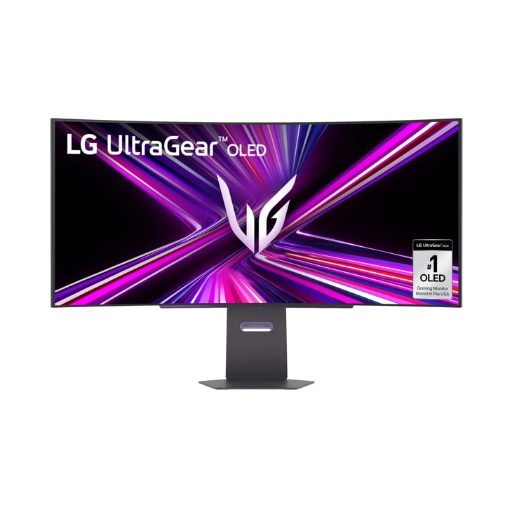 LG 45GX900A-B UltraGear OLED Gaming Monitor with curved display showing vibrant purple graphics and UltraGear logo on stand - Front View