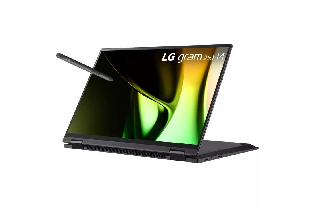 Left side view of the 14 Inch LG gram 2 in 1 (14T90S-G.ADB8U1) laptop with 32GB RAM, Intel Core Ultra 7 and a Stylus Pen