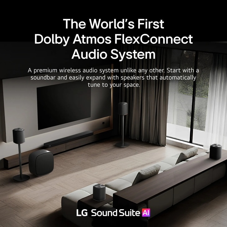 M5-P2_H7_W7 Soundbar with Dolby Atmos FlexConnect Audio System showing living room setup with multiple wireless speakers and TV